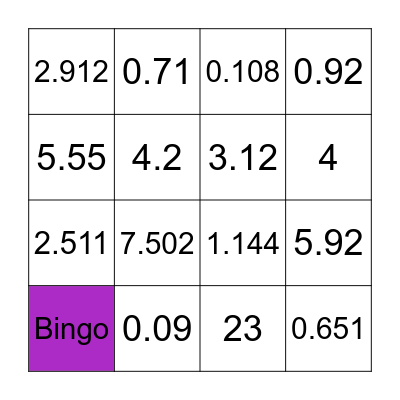 Decimal Bingo. Bingo Card