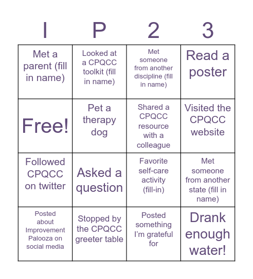 CPQCC Improvement Palooza Bingo Card