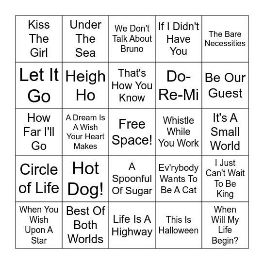 Disney Bingo Card