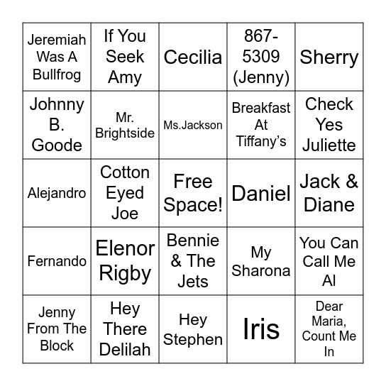 Songs With Names in the Title Bingo Card