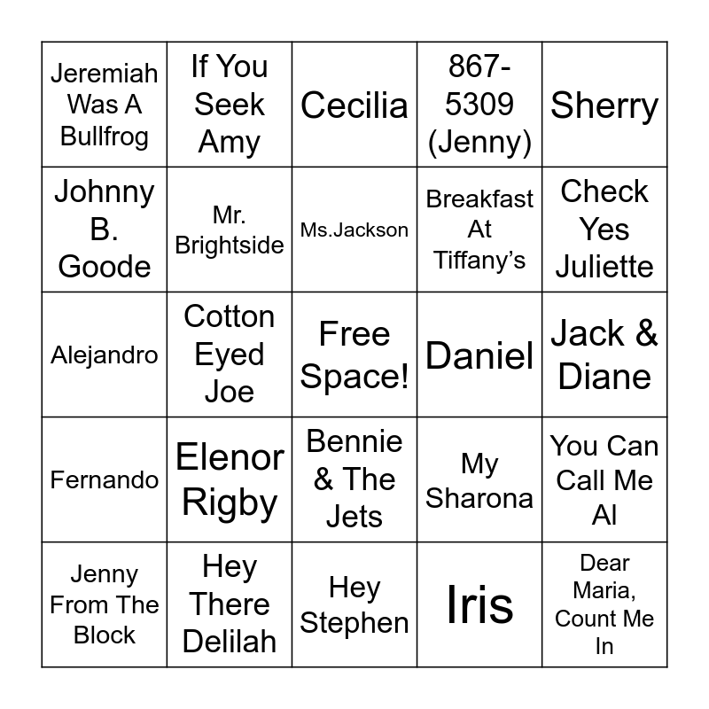 Songs With Names In The Title Bingo Card