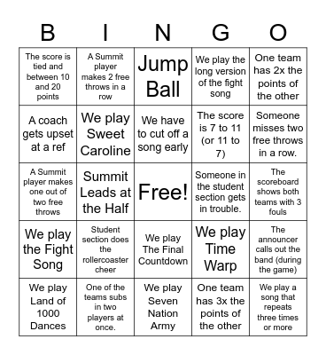 Summit Basketball Band BINGO Card