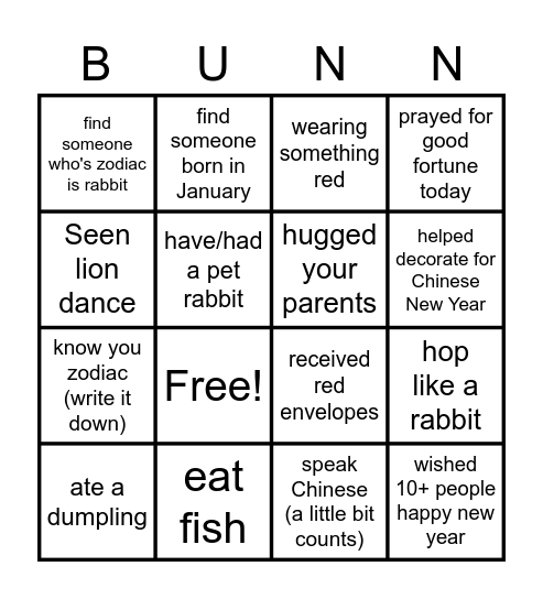 Lunar New Year Bingo (if you or find someone...) Bingo Card