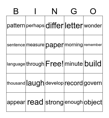 Vocabulary Bingo Card