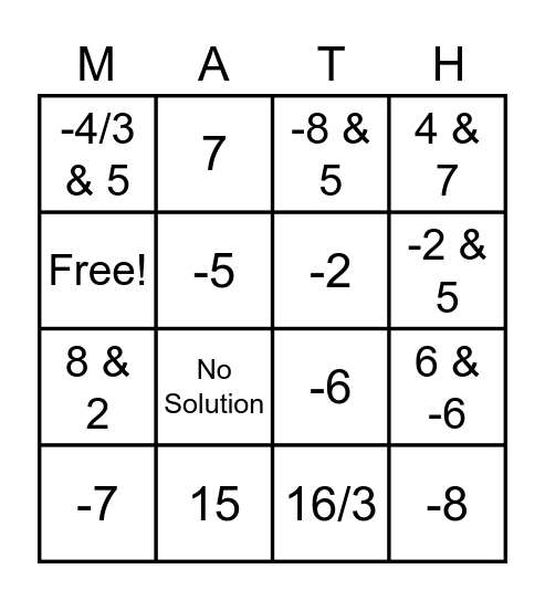 Solving Rational Equations Bingo Card