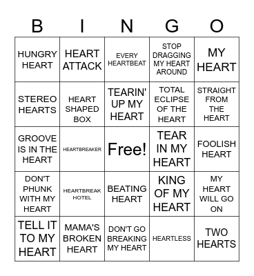 Round 1: SONGS ABOUT THE HEART Bingo Card