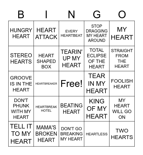 Round 1: SONGS ABOUT THE HEART Bingo Card