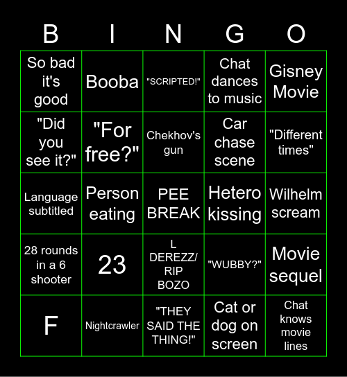 Wub Cub Theater Family Movie Night Bingo Card