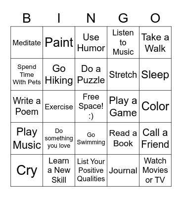 Positive Coping Skills Bingo Card