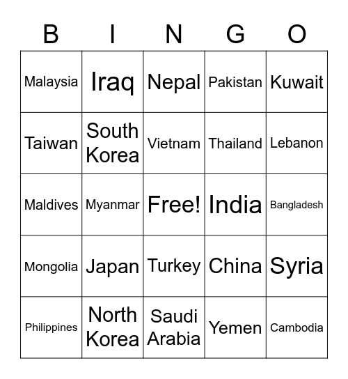 Asian Countries Bingo Card
