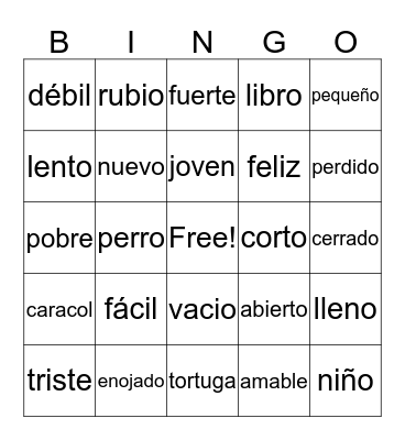 Spanish Adjectives   Bingo Card