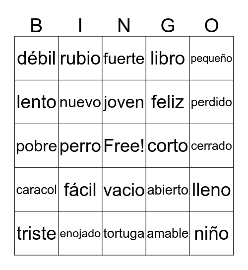 Spanish Adjectives   Bingo Card