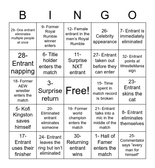 Royal Rumble Bingo Card