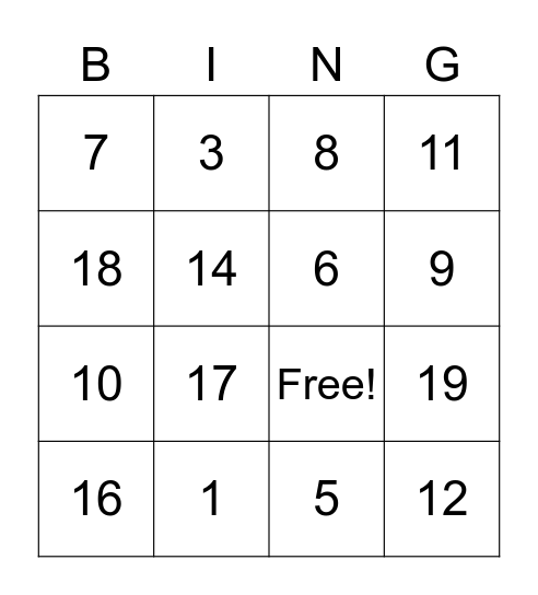 Numeros de espanol Bingo Card