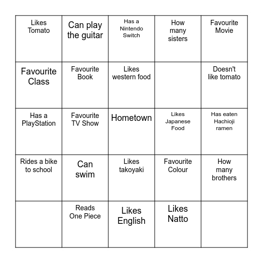 English Bingo Card