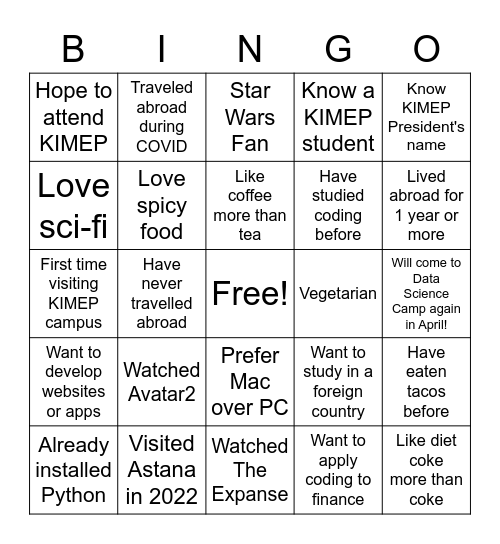 Data Science Camp Bingo! #1 Bingo Card