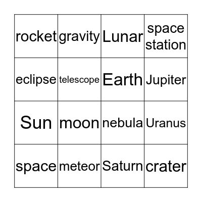 Outer Space Dance Bingo Card