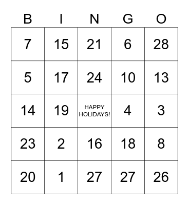 PCEE Holiday Bingo Card