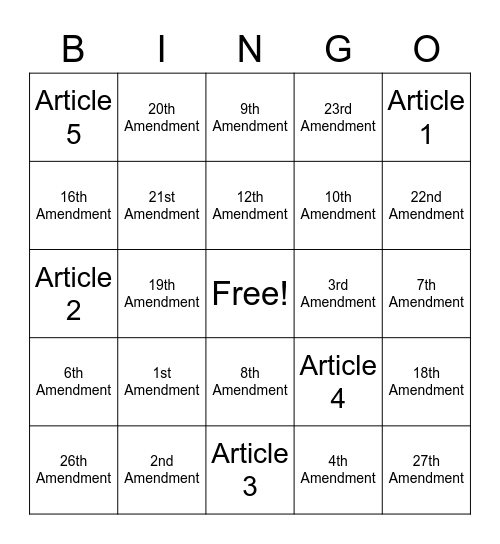 Amendments and Articles Bingo Card