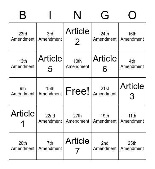 Amendments and Articles Bingo Card