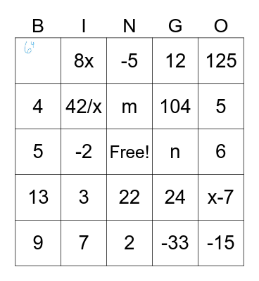 Algebra Bingo Card