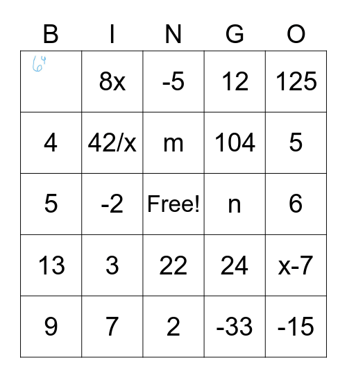 Algebra Bingo Card