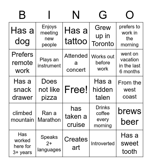 Ice Breaker Bingo Card