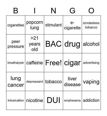 Alcohol + Tobacco BINGO Card