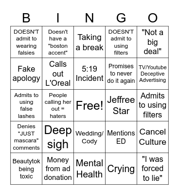 Mikayla Nogueira Apology Bingo Card