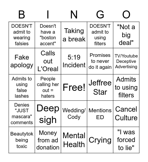 Mikayla Nogueira Apology Bingo Card