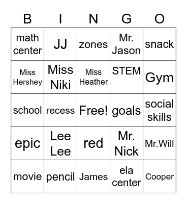 classroom bingo Card