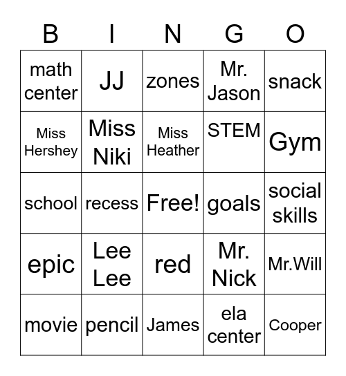 classroom bingo Card