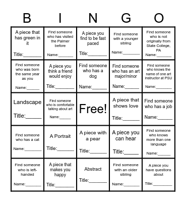 Palmer Student Ambassator BINGO Card