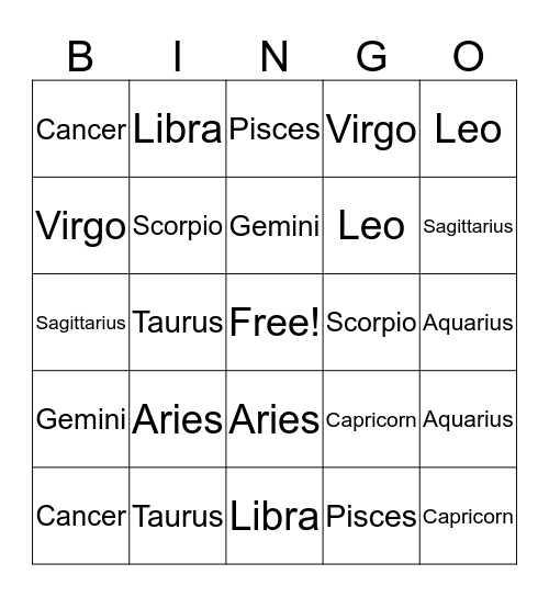 Astrological Sign Bingo Card