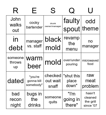 Bar Rescue Bingo Card