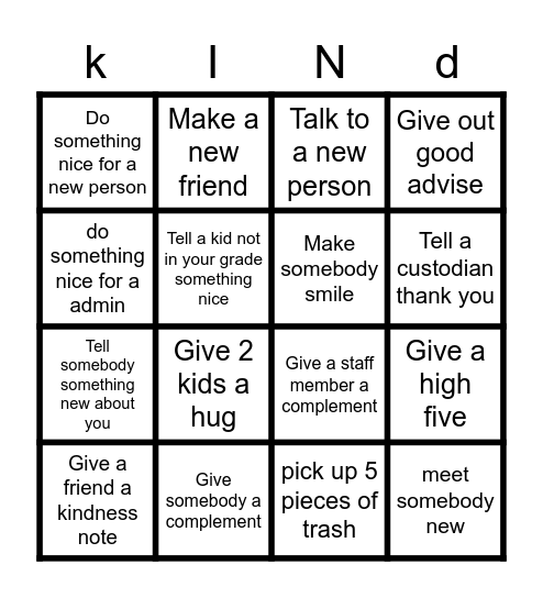kindness board Bingo Card
