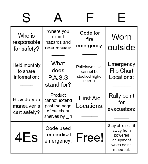 Safety! Bingo Card
