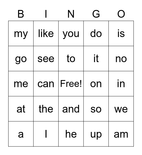 Sight Word Bingo Card