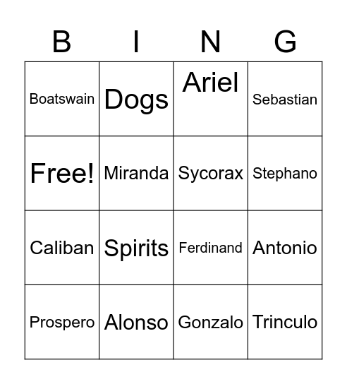 Tempest Characters Bingo Card