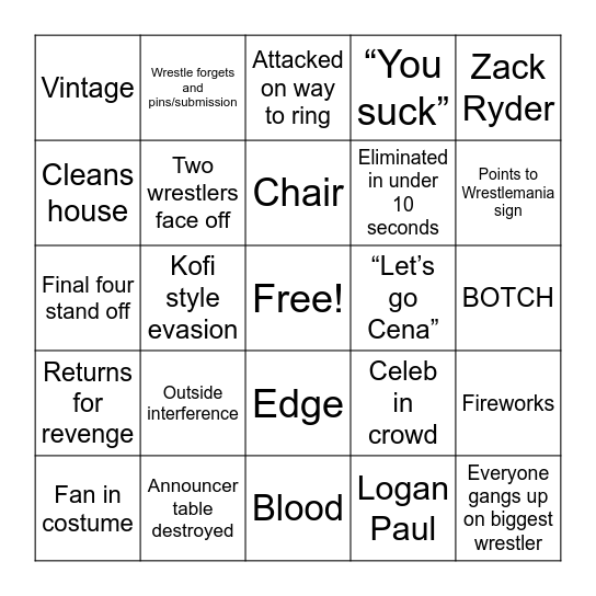 Men’s Royal Rumble 2023 Bingo Card