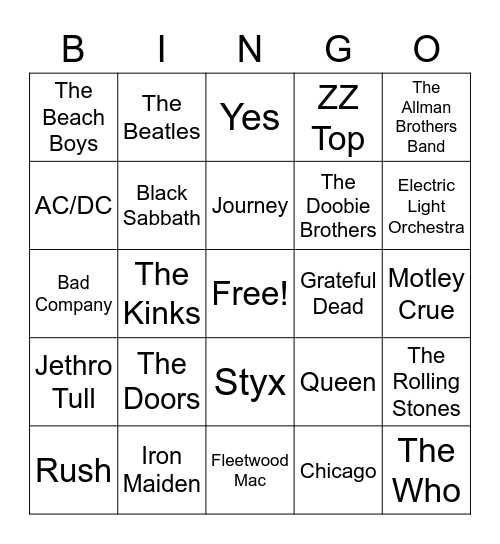 Classic Rock Bingo Card