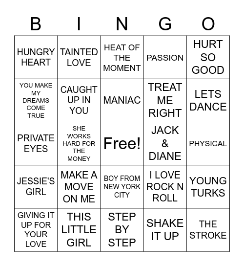 80S HITS Bingo Card