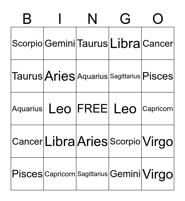 Zodiac Signs Bingo Card