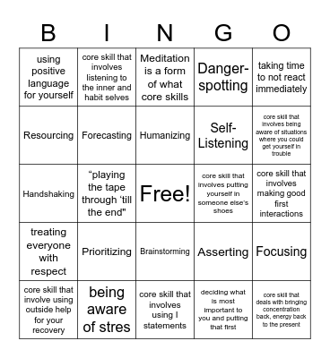 Core Skills Bingo Card