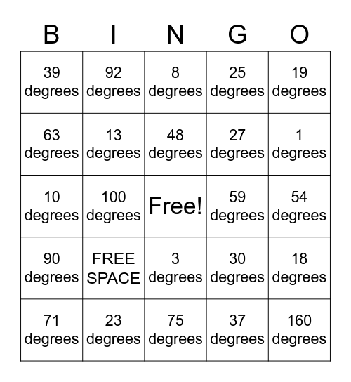 Supplementary Angles (180) Bingo Card