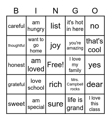 Mrs. Campbell's BINGO Card