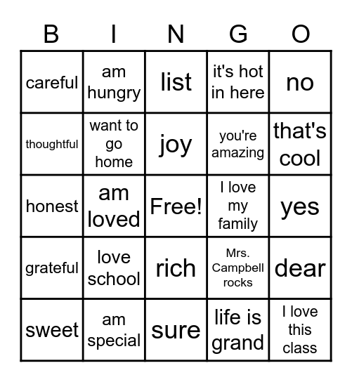 Mrs. Campbell's BINGO Card