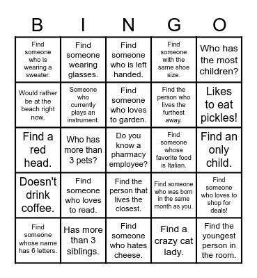 Pharmacy Get to Know you BINGO Card