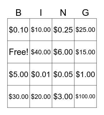 Money Bingo Card