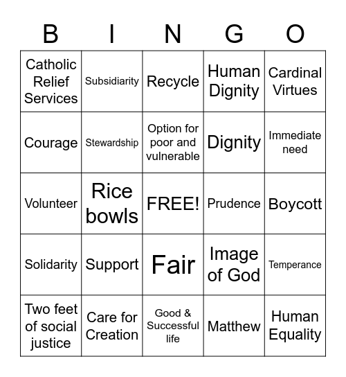 Catholic Social Teachings Bingo Card